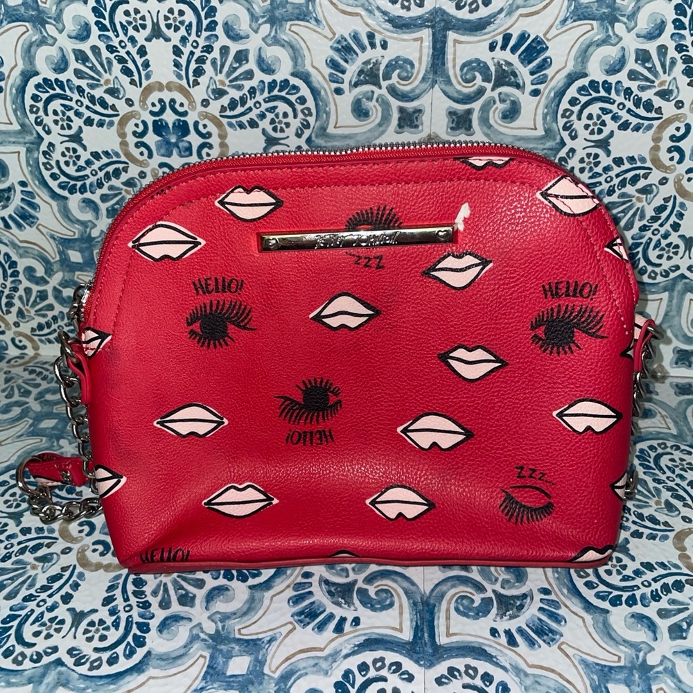 Betsey Johnson Red Crossbody Bag Lips Lashes print Zip Top chain strap purse